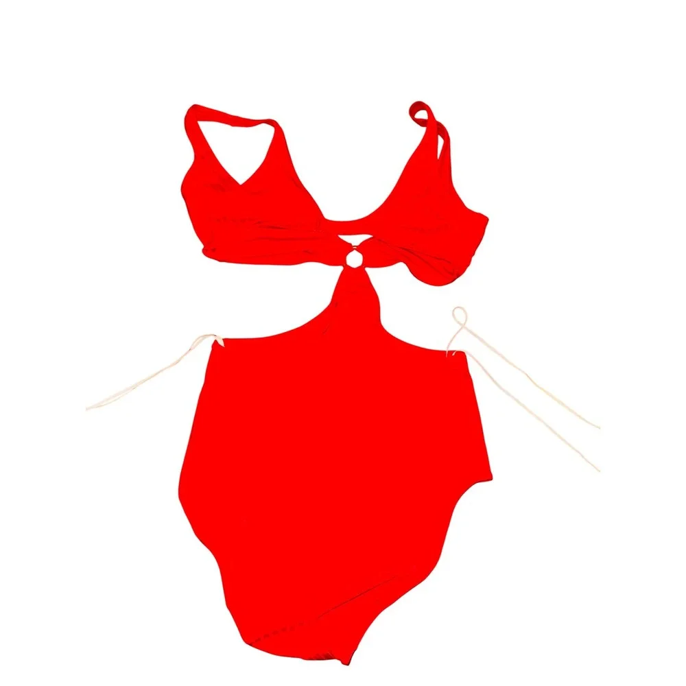 Aerie Red One‎ Piece Swimsuit Ring Cutout V Neck Halter Back Detail Size XL Long